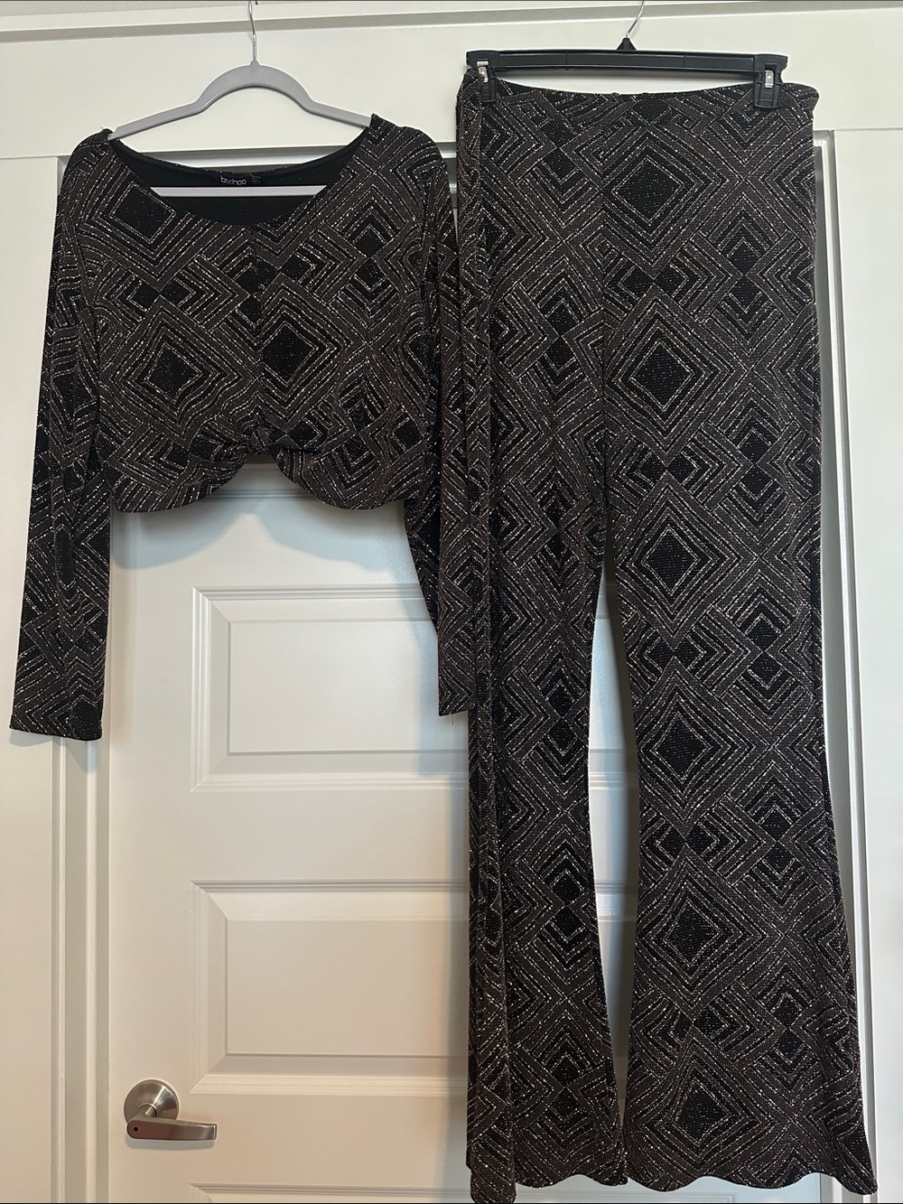 Boohoo Black with Metallic Geometric Flare-Leg Pants & Crop Top Set